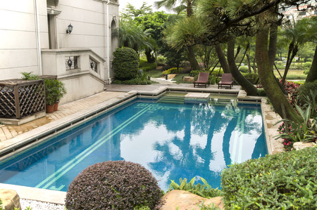 Reflaction of trees in the swimming poolのeditorial素材