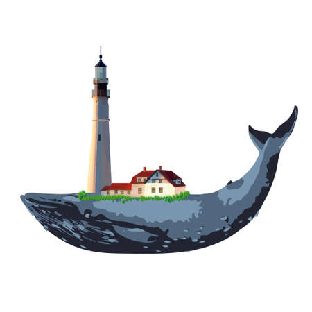 image of fabulous whale with a lighthouse, vectorのイラスト素材