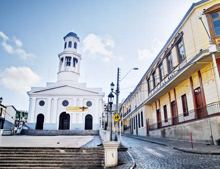 Little square with a colonial style church La Matriz in Valparaisoのeditorial素材