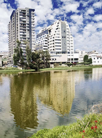 City view with buildings and a riverの写真素材
