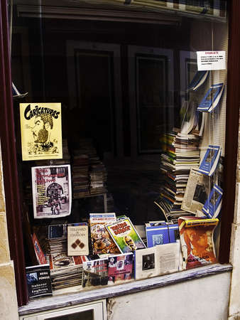 Coimbra, December 2012. Book shop window display on a street.のeditorial素材