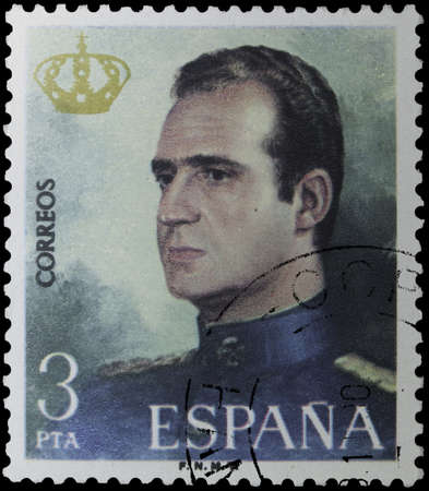 Spain, 1975. Stamp printed in Spain representing King Juan Carlos I in a collection in homage of his coronation that year. Value 3 pesetas.のeditorial素材