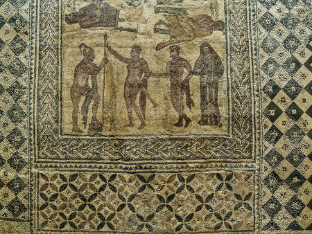 Mérida, November 2012. Wall tile in Roman Art National Museum in Mérida, capital of Extremadura region in Spain. Opened in 1986. UNESCO World Heritage Site. Mérida is ancient Roman Emerita Augusta, capital of Lusitania province of Roman Empire.のeditorial素材