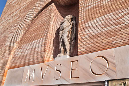 Mérida, November 2012. Roman Art National Museum entry in Mérida, capital of Extremadura region in Spain. Opened in 1986. Rafael Moreno architect. UNESCO World Heritage Site. Mérida is ancient Roman Emerita Augusta, capital of Lusitania province of Roman のeditorial素材