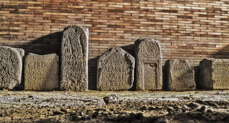 Mérida, November 2012. Funerary stelas in Roman Art National Museum in Mérida, capital of Extremadura region in Spain. Opened in 1986.  UNESCO World Heritage Site. Mérida is ancient Roman Emerita Augusta, capital of Lusitania province of Roman Empire.のeditorial素材