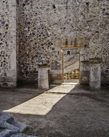 Mérida, November 2012. Roman ruins in Mérida, capital of Extremadura region in Spain. I century B.C.  Archeological site UNESCO World Heritage Site. Gate on a wall to the theaterのeditorial素材