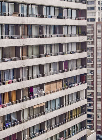 Santiago, June 2013  Closeup of a residential building at downtown in Santiago de chile  5 5 million population  Detail of balconies のeditorial素材