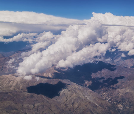 View of Andes Mountains form a plane  Border between Chile and Argentina の写真素材