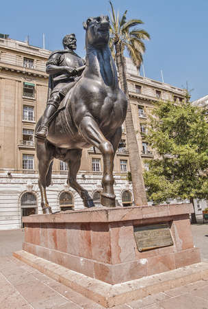 Santiago, February 2011 - Pedro de Valdivia Spanish conqueror of XVI century homage statue in the main square of Santiago, Plaza de Armas  Valdivia was the royal governor of Chile のeditorial素材