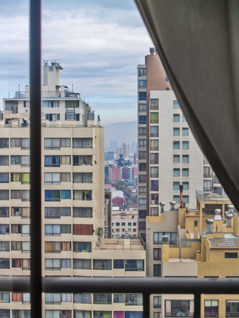 Santiago, June 2013 - View of buildings in Santiago de Chile through a windowのeditorial素材