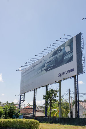 Bali, Indonesia 30 May 2023. A huge Hyundai outdoor billboard made from reinforcement steel frame with blue sky backgroundのeditorial素材