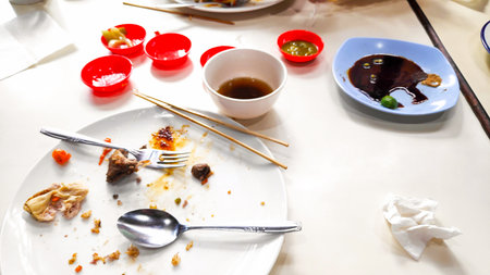 Close up photo of a dirty plate with leftover food scraps, used cutlery, and empty sauce bowls after a meal.の写真素材
