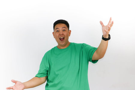 Isolated studio shot of a shocked man with dark hair, green shirt, and a black watch expressing...