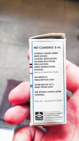 Close up photo of a box of Sagestam Gentamicin Sulfate sterile eye and ear drops medication. Bandung 3 Januari 2026.のeditorial素材