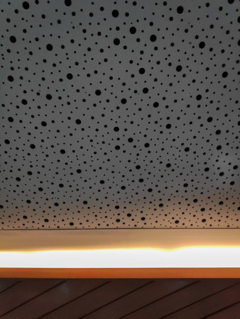 Modern interior wall featuring white perforated acoustic panels and dark brown wooden slats