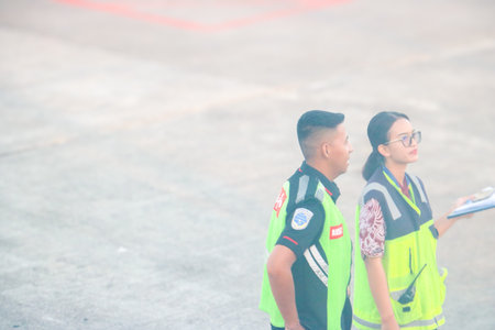 Ground crew member with a clipboard and radio supervising aircraft ground handling services. Bali,...