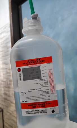 Sterile and nonpyrogenic normal saline solution in a 500 mL plastic bottle from Otsuka Indonesia. Bandung 22 March 2025のeditorial素材