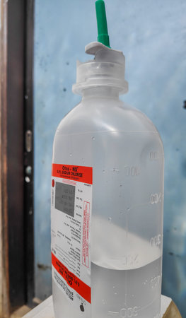 Sterile and nonpyrogenic normal saline solution in a 500 mL plastic bottle from Otsuka Indonesia....
