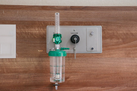 Medical oxygen flow meter and humidifier bottle installed on a wooden hospital wall panel. Bali, 18...