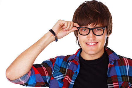 Portrait of student posing in studio in glassesの写真素材