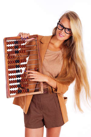 Portrait of sexy teacher posing in studio in glassesの写真素材