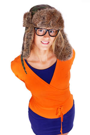 Portrait of sexy girl posing in studio in hatの写真素材