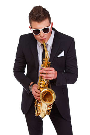 Photo of a jazzman paying saxophoneの写真素材