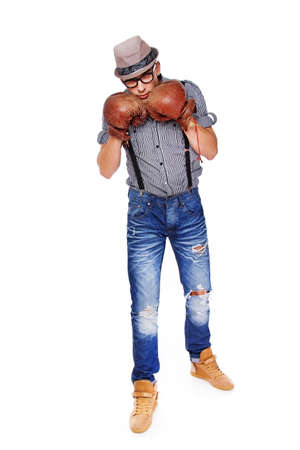 A young boxer is prepared to block a punchの写真素材