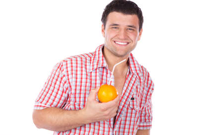 Happy  mature man drinking orange juice の写真素材