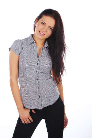 Image of cute brunette woman smiling, isolated on whiteの写真素材