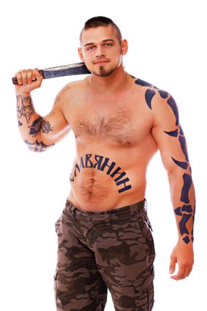 Photo of a good-looking male holding his trusty knifeの写真素材