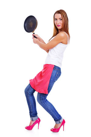 Portrait of sexy woman posing in studio with panの写真素材