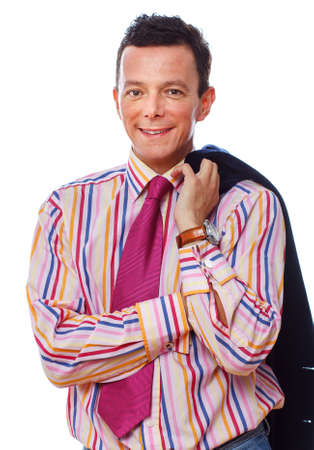Portrait of man posing in studio with jacketの写真素材