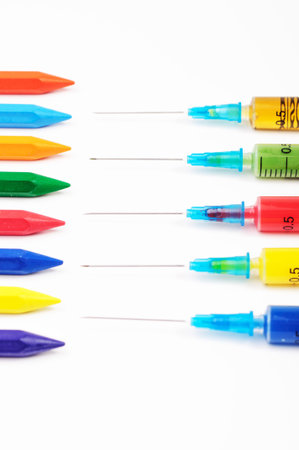 Multicolor syringes and multicolor crayons