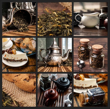 Photos of tea, cake, cookies, jars and potsの写真素材