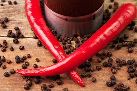 Two chilis and allspice with a grinderの写真素材