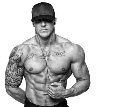 Black and white image of hot shirtless manの写真素材