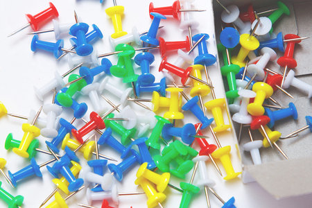 Image of push pins in box and near to itの写真素材