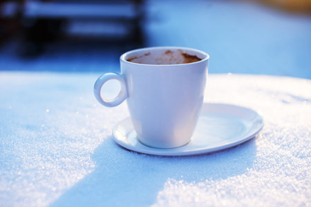 Morning coffe ,on the winter time.Outdoor.の写真素材