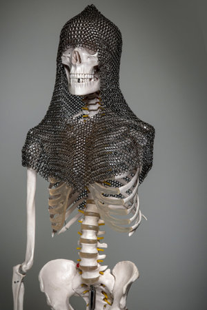 Skeleton of the dead warrior in the helmet and chain armour