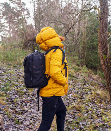 Profile of a man in yellow jacket, black pants and backpack. Walking in a fores, looking up.の写真素材