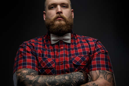 Part of face of the man with beard incolor shirt andgrey  bow tie. Isolated on dark gray backgroundの写真素材