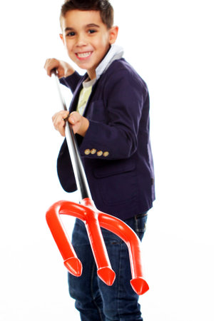 Boy with trident isolated on whiteの写真素材