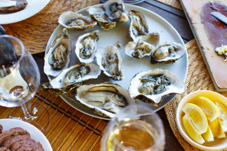 Seafood on big white plateの写真素材