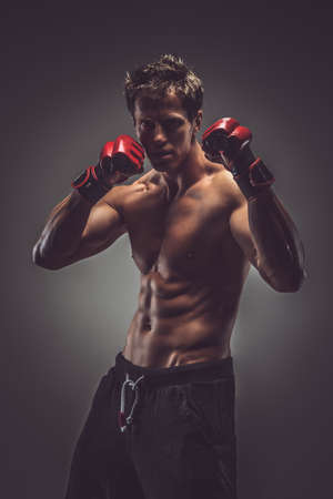 Portrait of brutal fighter in red gloves. Isolated on grey background.の写真素材