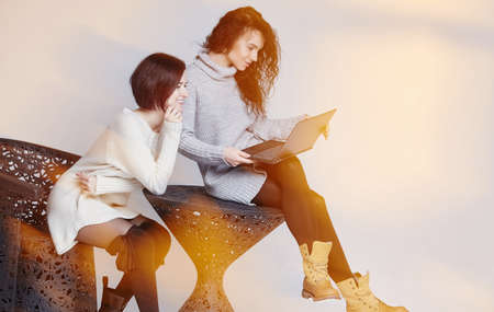 Two girlfriends chatting with laptop.