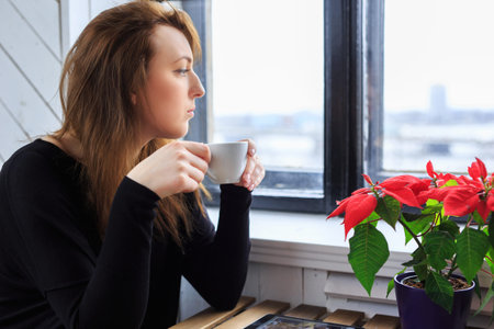Young woman drinks coffee and looking through window.の写真素材