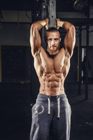 Shirtless muscular man with beard in a grey sports pants.