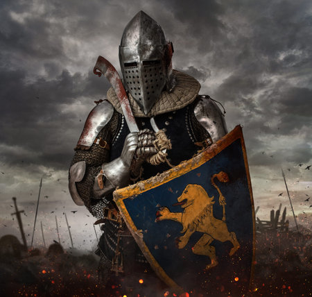 Knight with sword in battlefield with dark clouds on background.