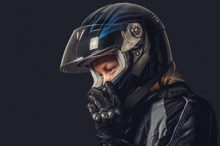 Portrait of female in motorcycle safety costume and black helmet.の写真素材